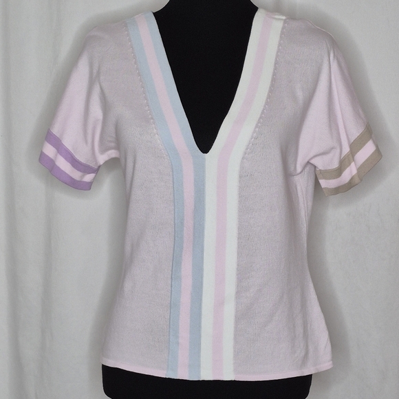 Cotton by Autumn Cashmere Deep V-Neck Short Sleeve Striped Pastel Top - Size L - Picture 1 of 9